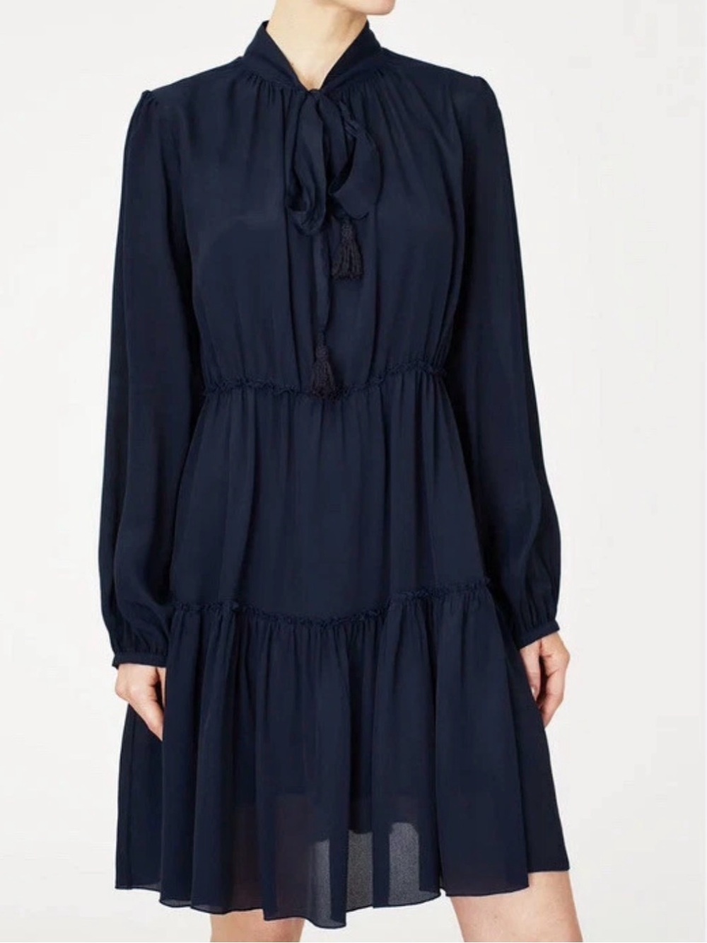 See By Chloé Navy Blue Sheer Boho Tassel Tie Tiered Dress